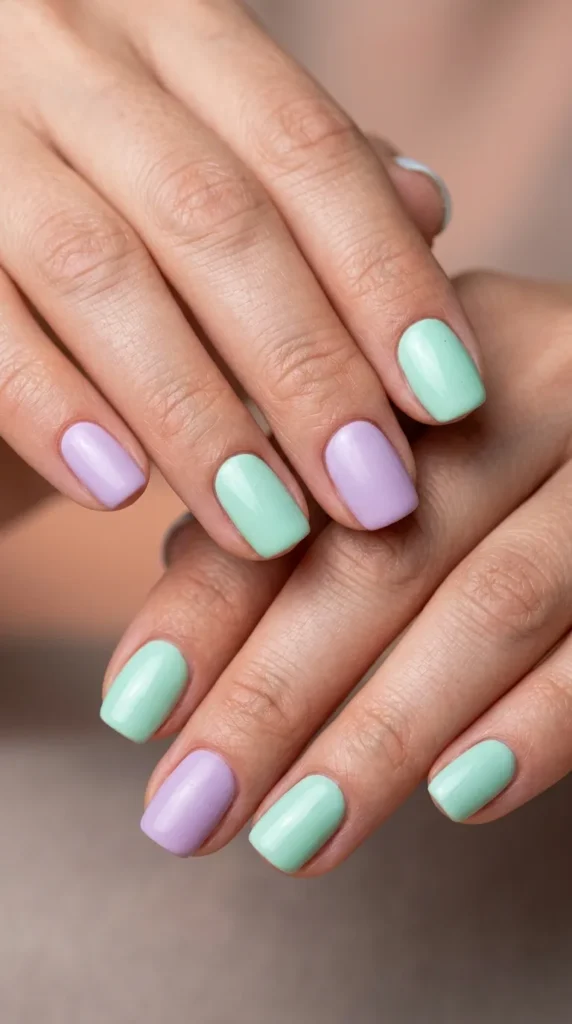 Mint and Lilac Mismatched Nails