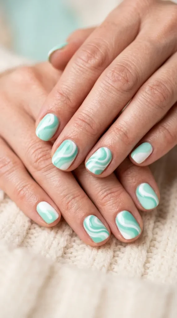 Mint and White Swirl Nails