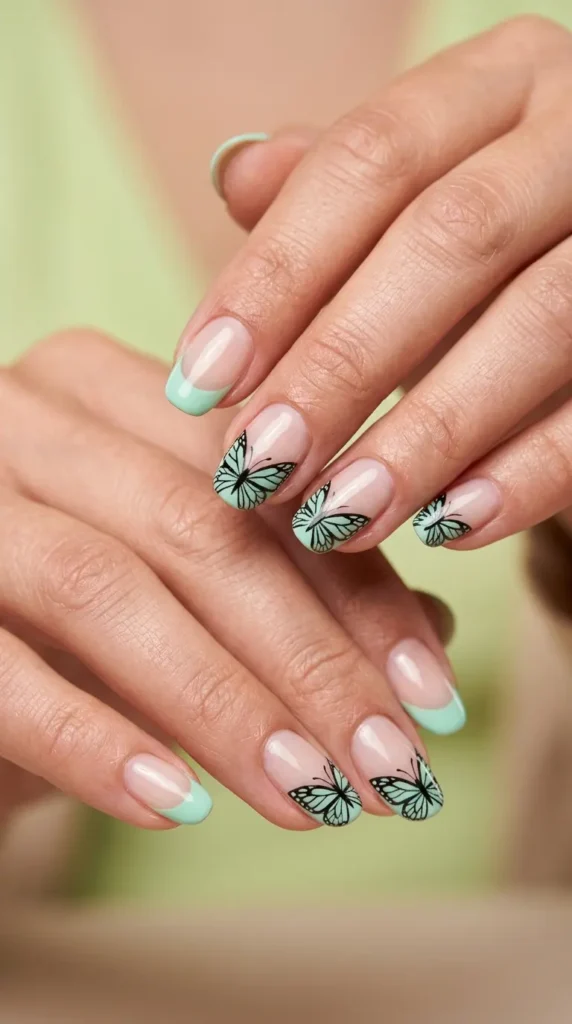 Mint Butterfly French Nails