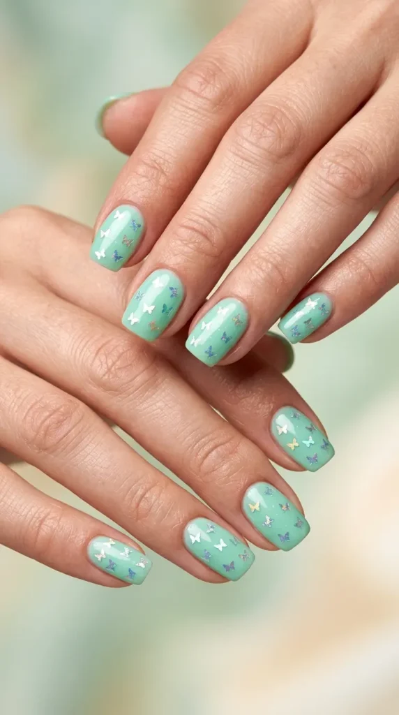 Mint Butterfly Glitter Nails