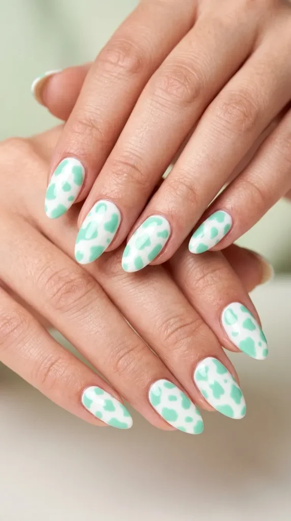 Mint Cow Print Nails