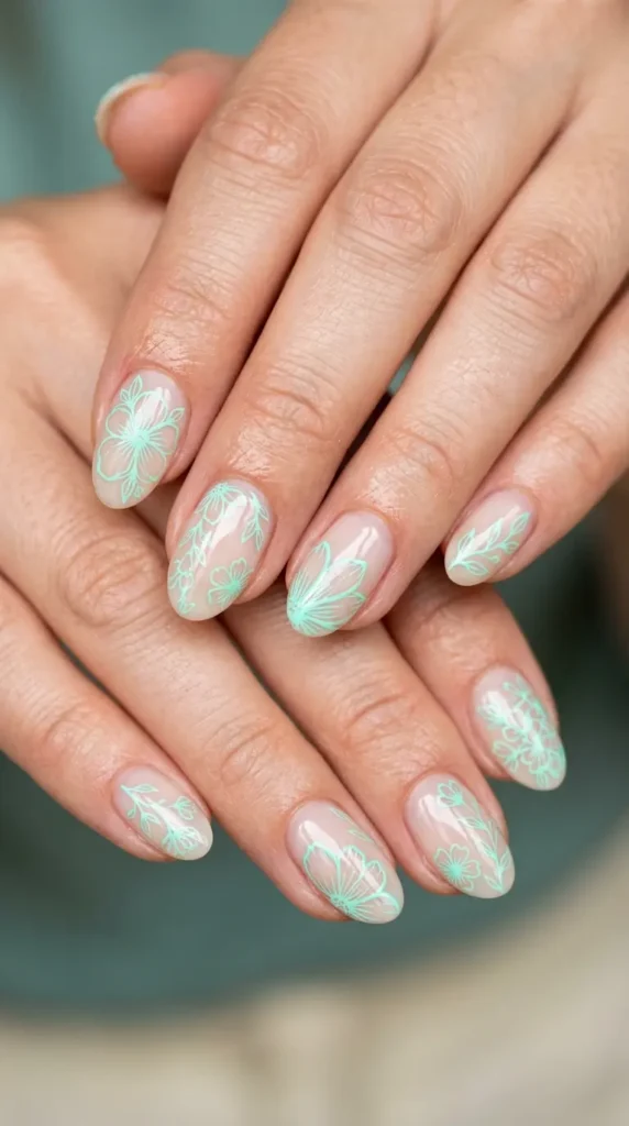 Mint Floral Outline Nails