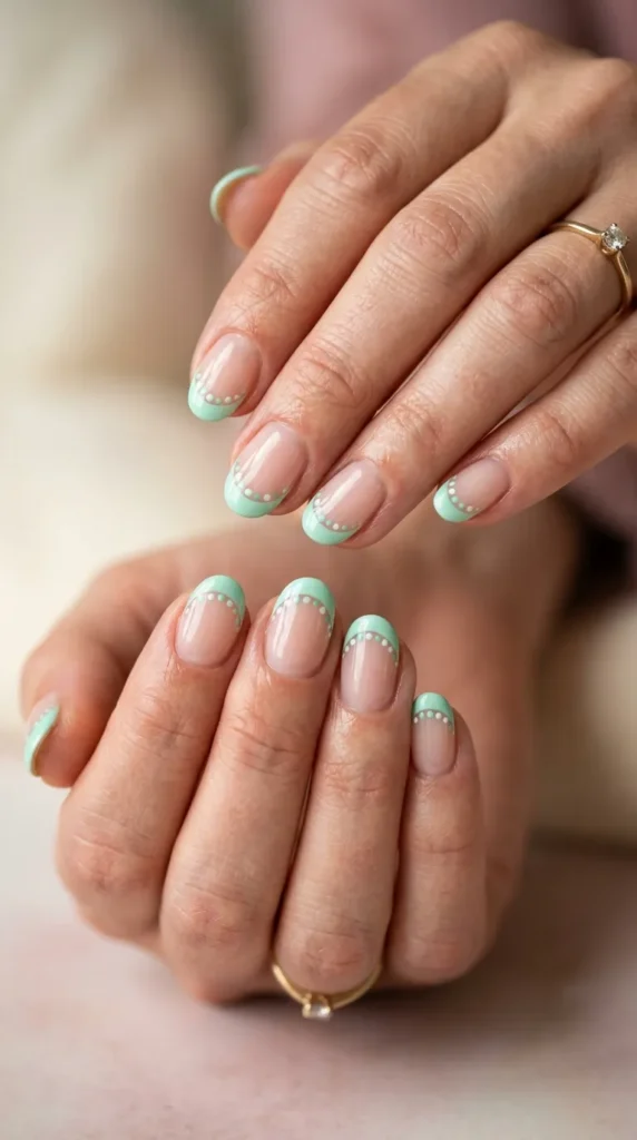 Mint French tip dot nails