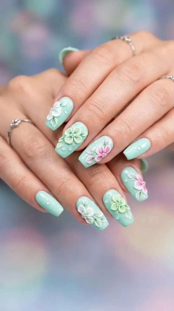 Mint Green 3D Floral Nails