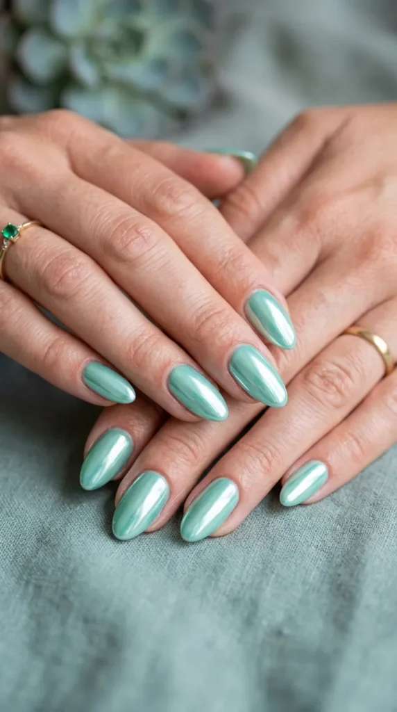 Mint Green Chrome Nails