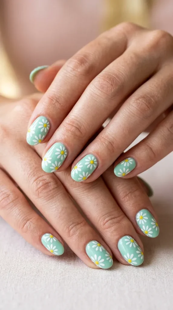 Mint Green Daisy Nails