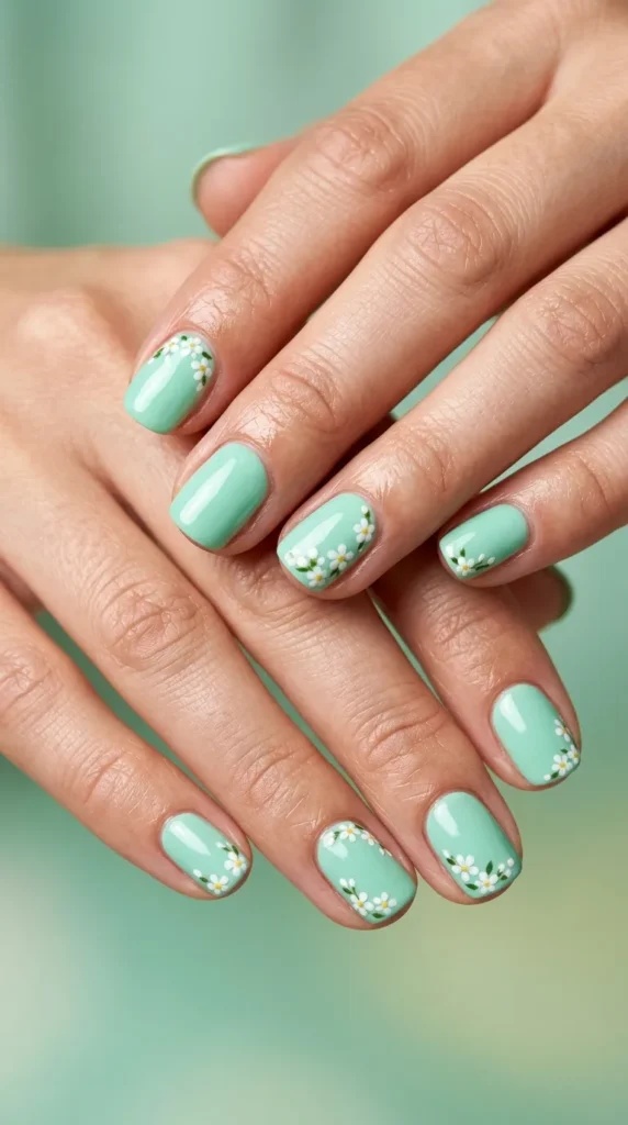 Mint Green Nails with Tiny White Blooms