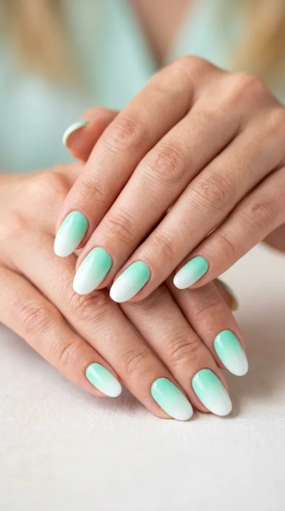 Mint green to white fresh ombre nails
