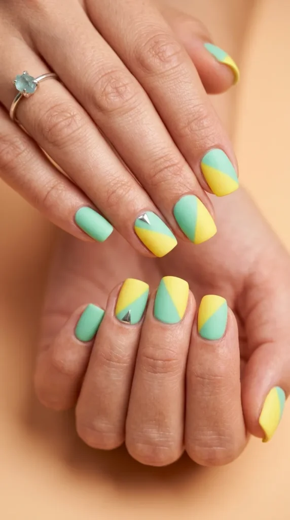 Mint + lemon color block nails