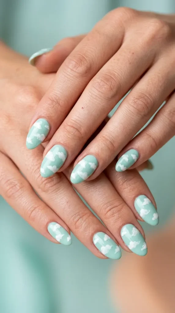 Mint & White Cloud Nails