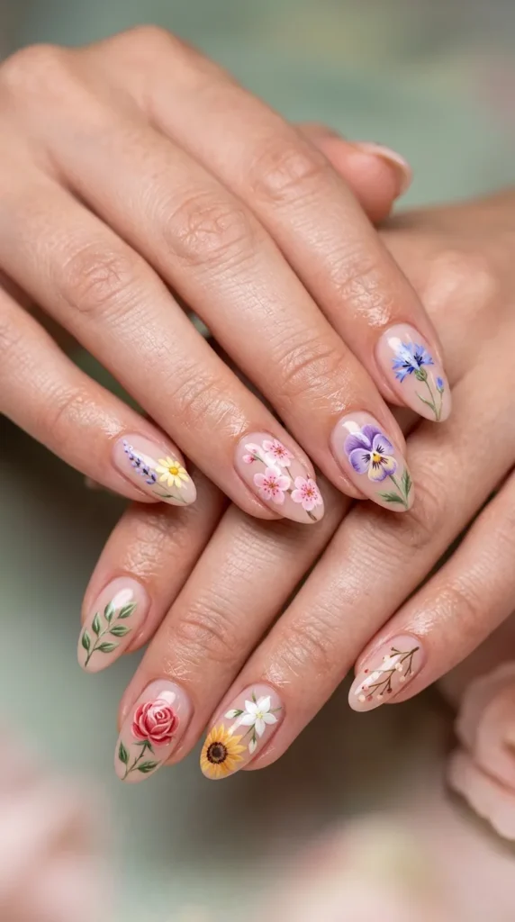Mixed Floral Accent Nails on Each Finger