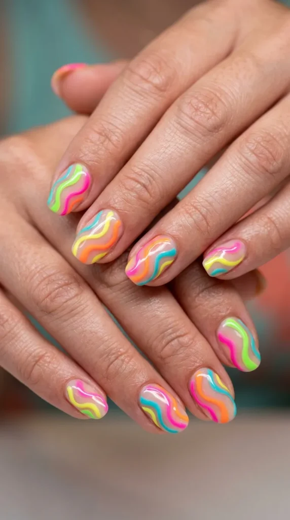 Neon Abstract Wave Nails