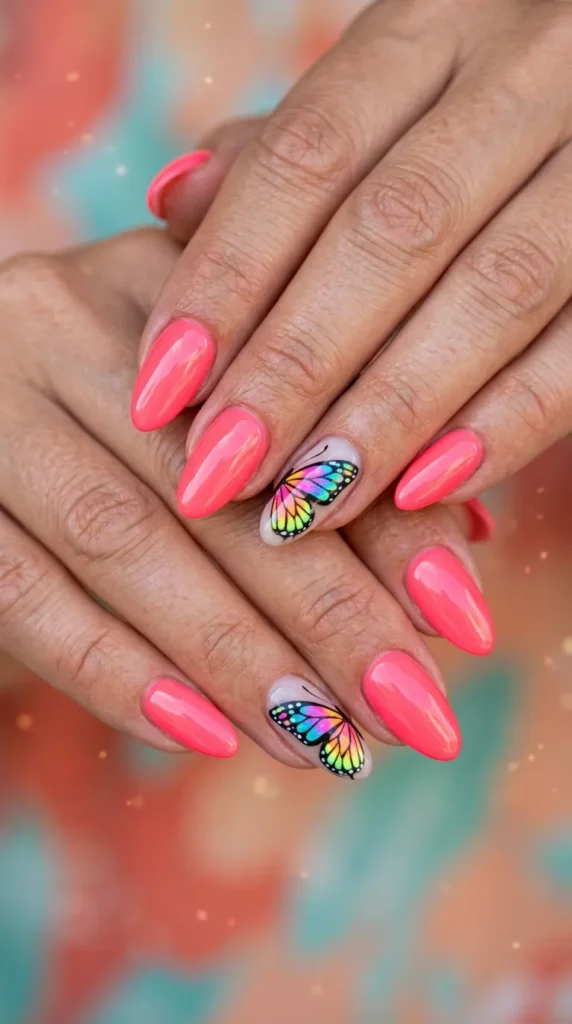 Neon Butterfly Accent Nails