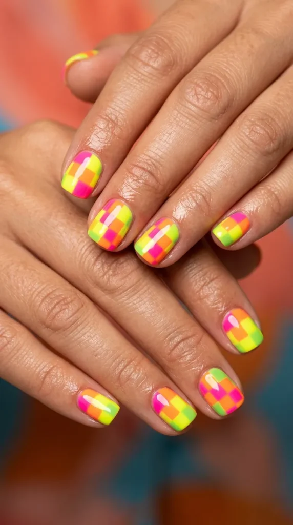 Neon Checkerboard Nails
