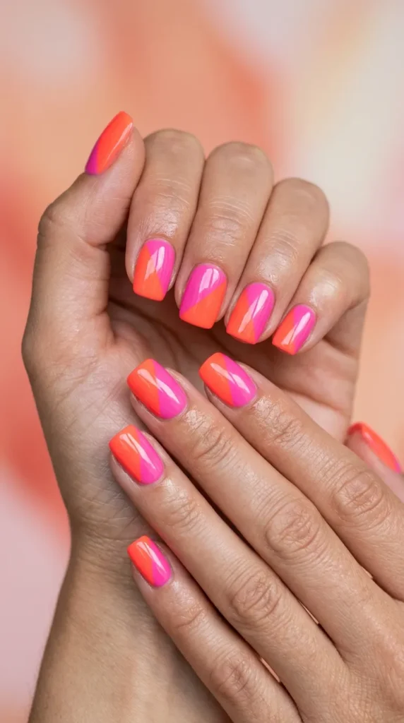 Neon coral color block nails