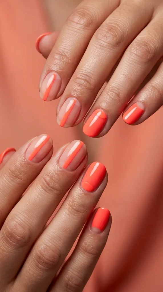 Neon coral minimal nails
