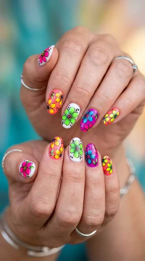 Neon Floral Pop Art Nails
