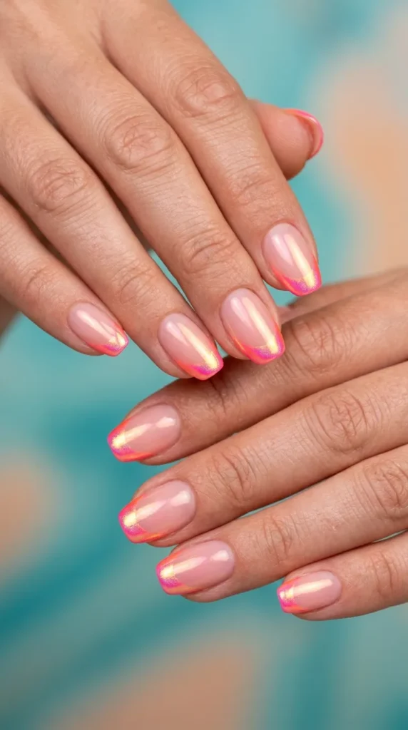 Neon glazed chrome French tips with iridescent shine