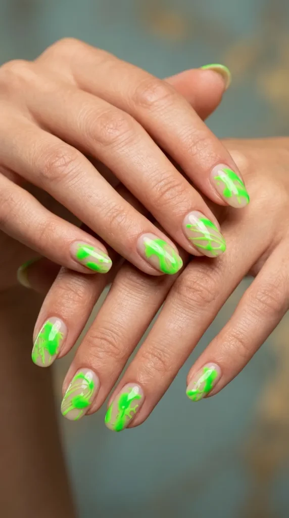 Neon green abstract splash nail art
