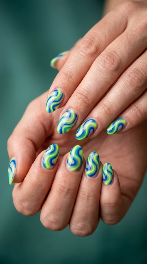 Neon Green and Blue Swirl Nails