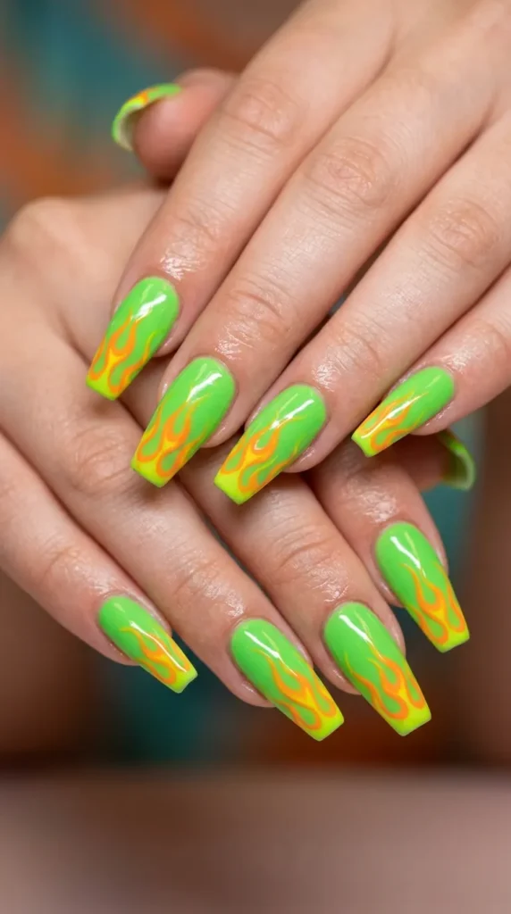 Neon Green Flame Nails