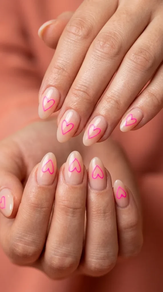 Neon Heart Outline Nails