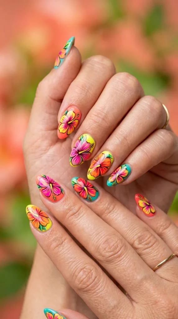 Neon Hibiscus Flower Nails