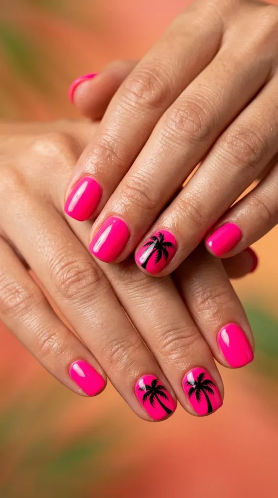 Neon Palm Tree Vacation Nails
