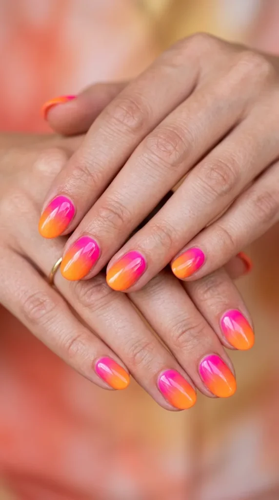 Neon Pink and Orange Gradient Nails