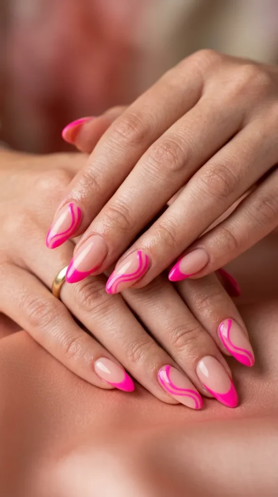 Neon pink French swirl almond nails