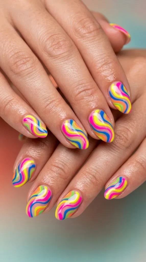Neon Rainbow Swirl Nails