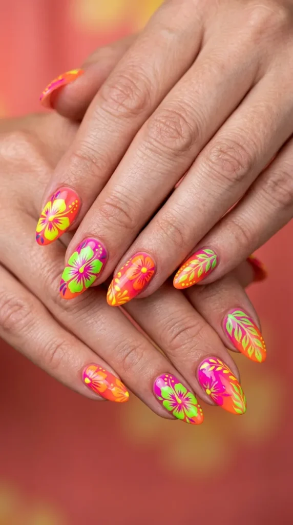 Neon Tropical Flower Nails