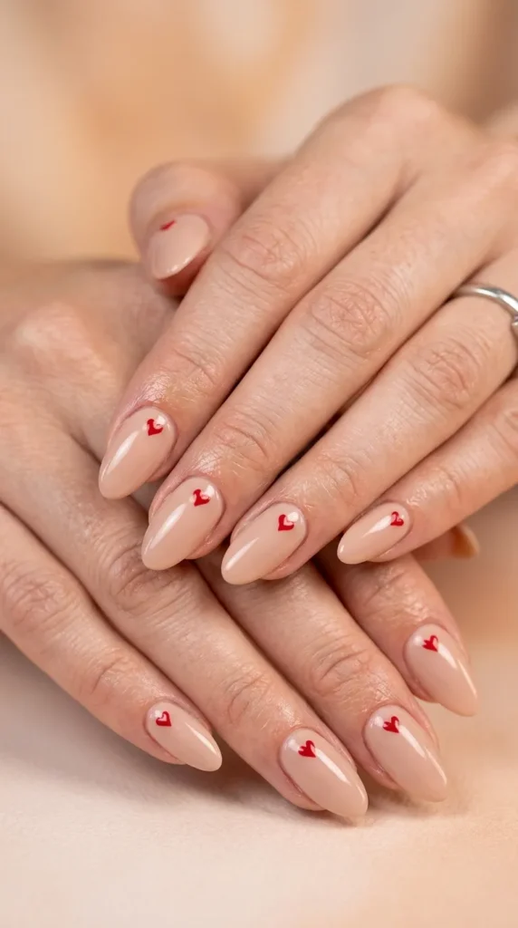 Nude almond nails with heart micro art
