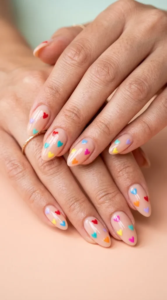 Nude base with colorful tiny hearts