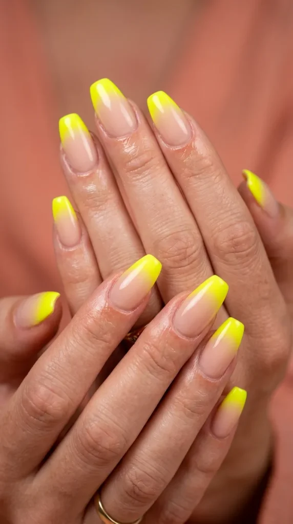 Nude base with neon French ombre tips