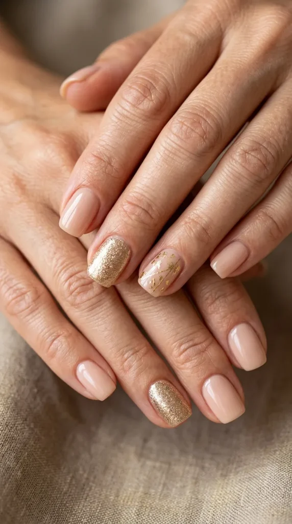 Nude gold accent nails