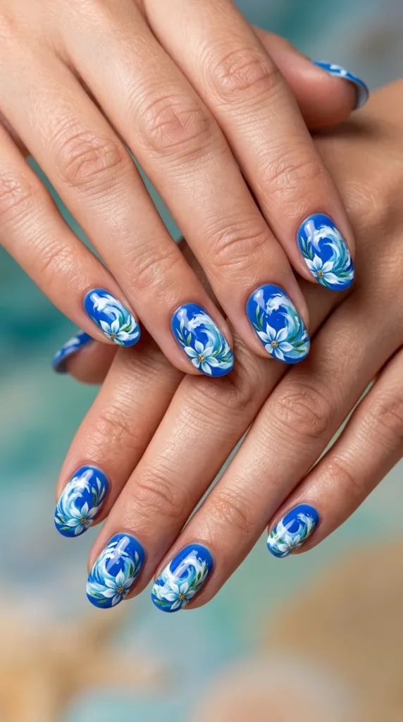 Ocean Blue Floral Wave Nails