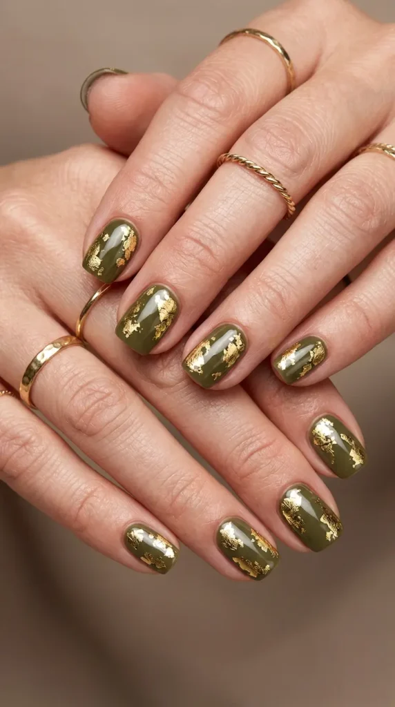 Olive Gold Foil Nails