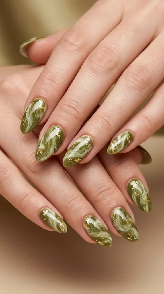 Olive Green Marble Nails