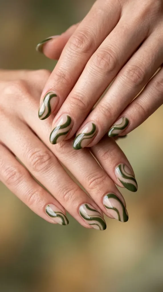 Olive Green Swirl Nails