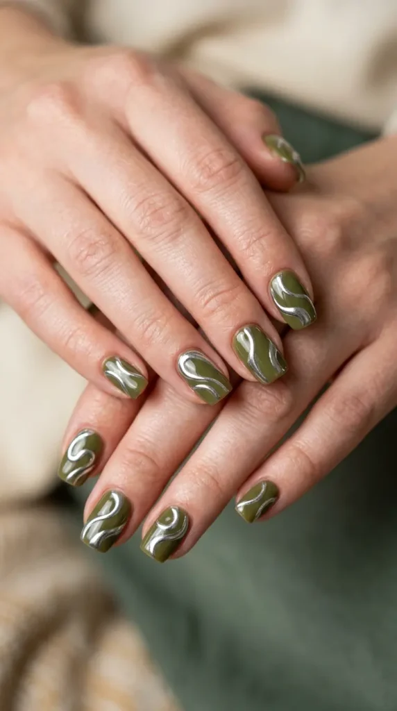 Olive Swirl Chrome Nails