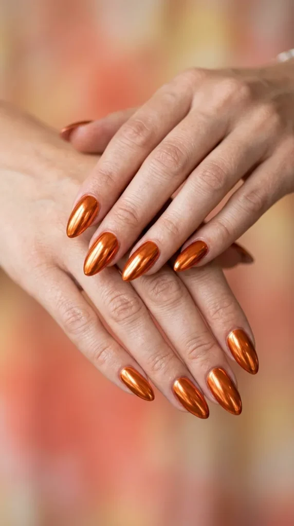 Orange chrome almond nails