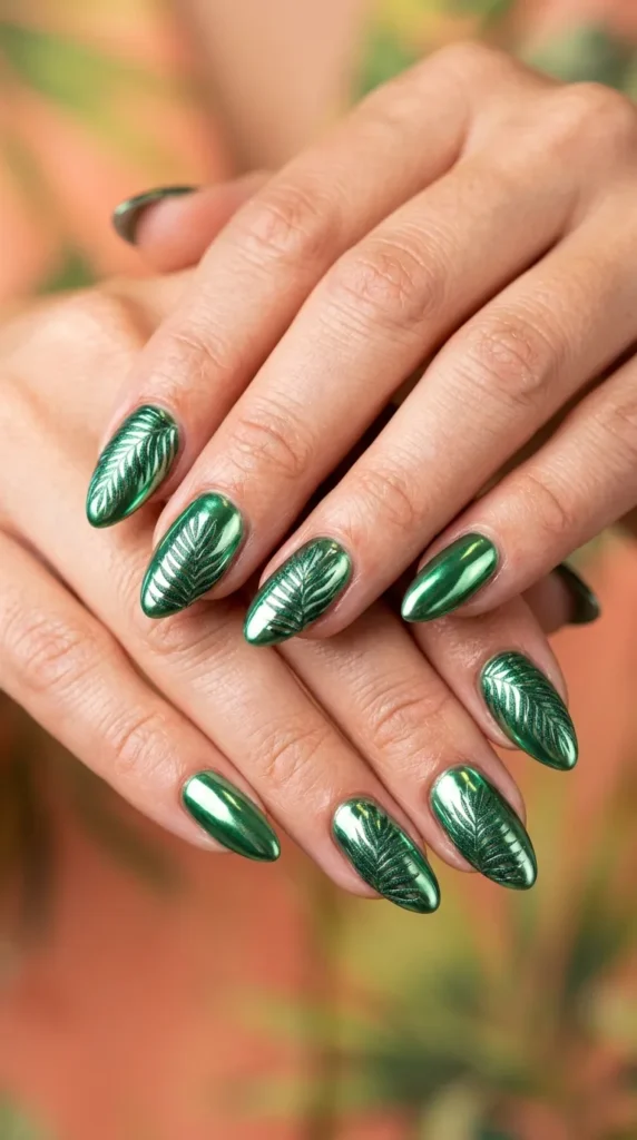 Palm Leaf Chrome Nails