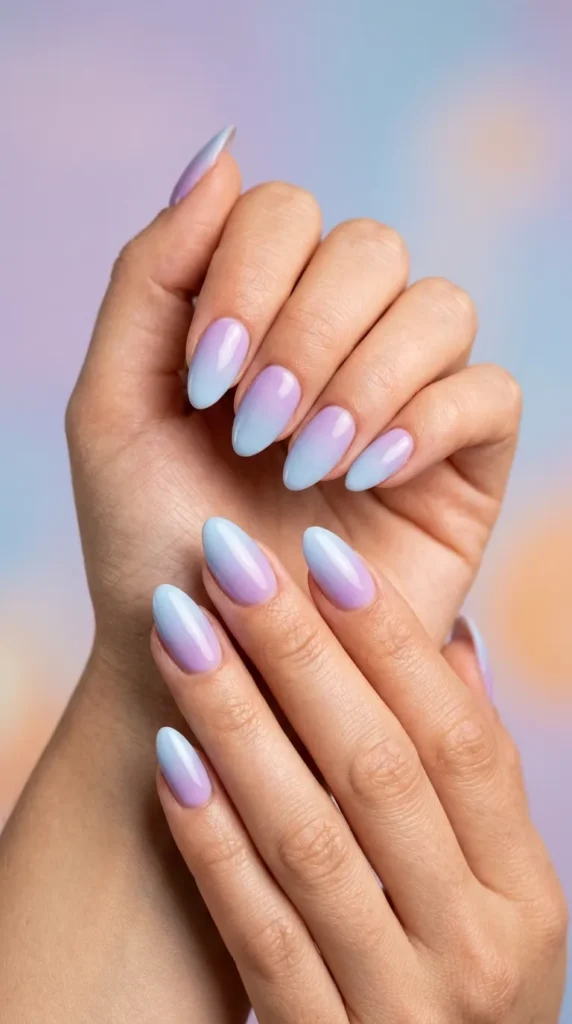 Pastel ombré almond nails (lavender → baby blue fade)