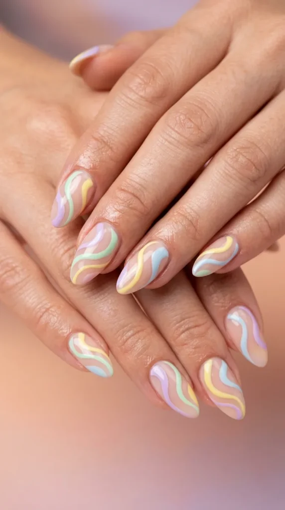 Pastel rainbow swirl almond nails