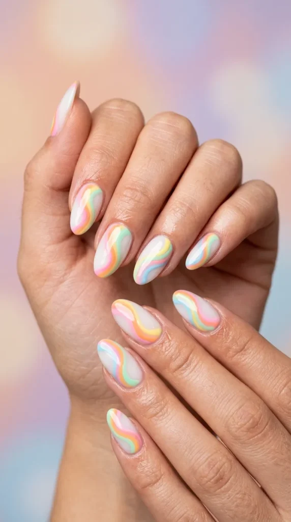 Pastel rainbow swirl nails
