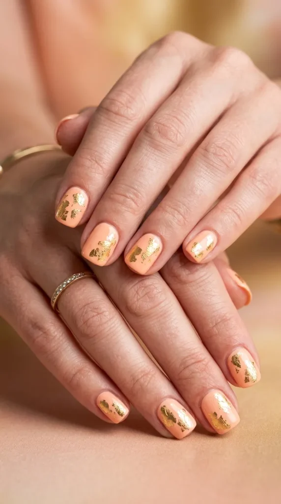 Peach and Gold Foil Nails