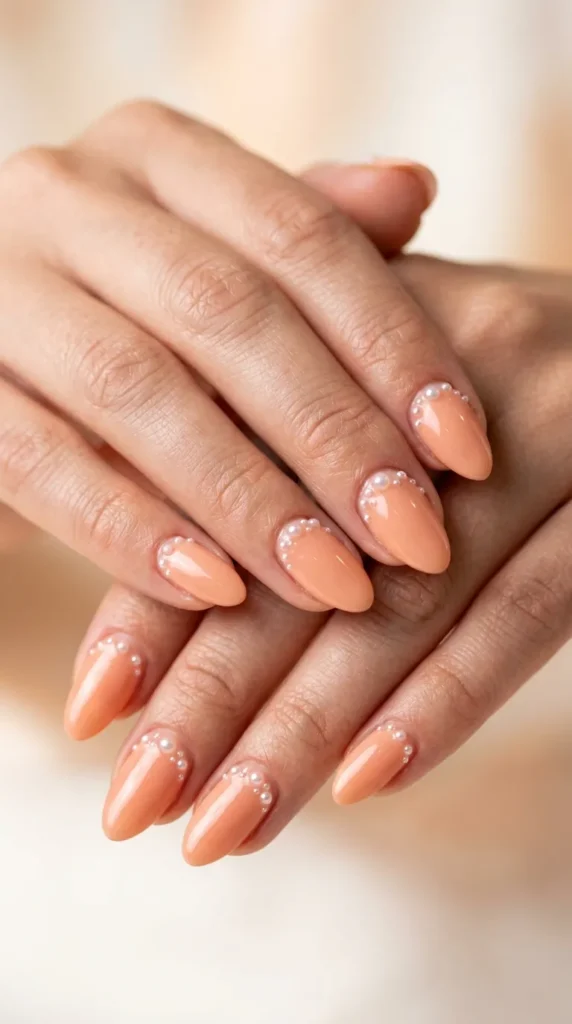 Peach blush pearl accent nails