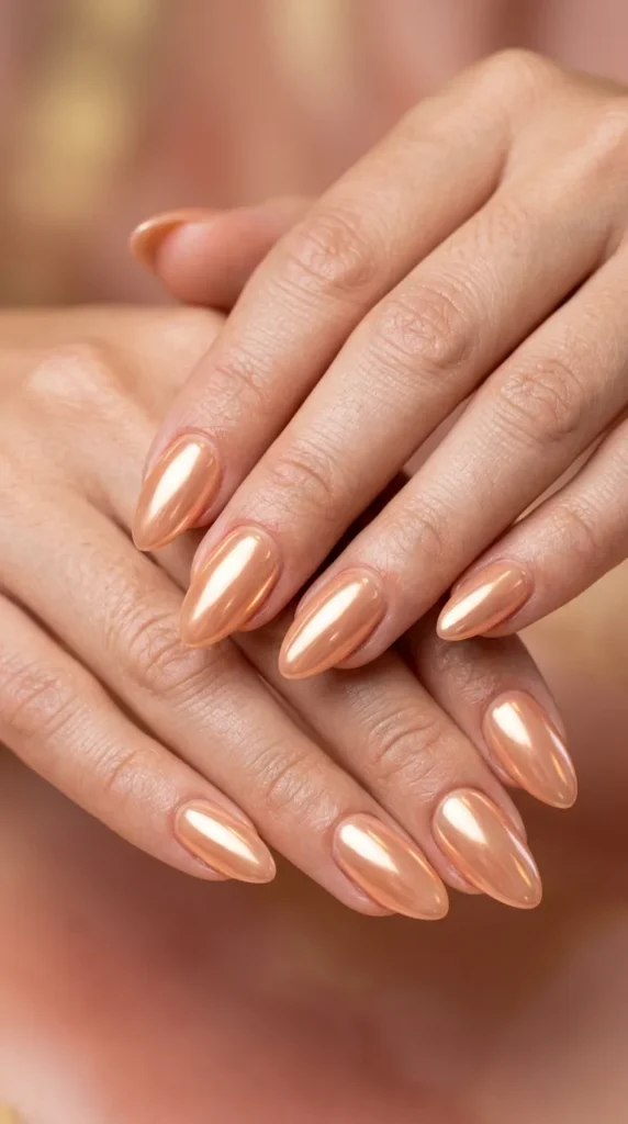 Peach chrome almond nails with mirror shine