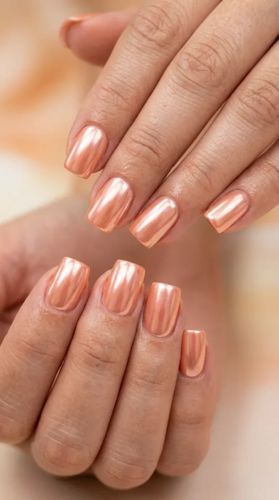 Peach chrome short square nails
